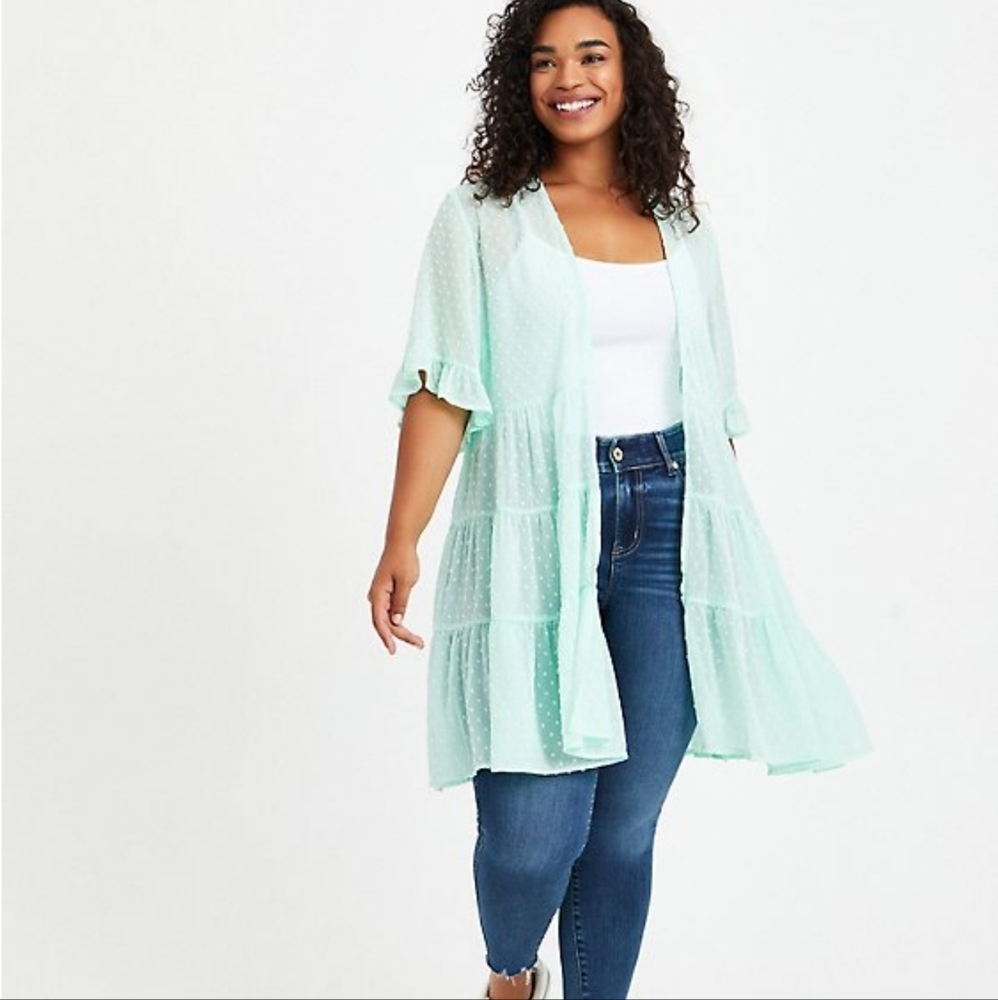 Torrid Clip Dot Ruffle Kimono- Green